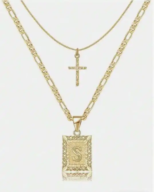 Letter Necklace Layered Initial Cross Necklace, Layering Square Letter Pendant Figaro Chain Cross Choker  for Women Girls
﻿ - Image 27