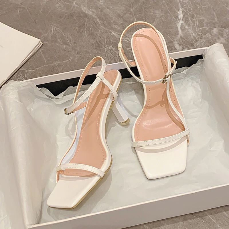 

ZOOKERLIN Square Toe Strap Buckle Hollow Women Sandals PU Leather Black White Stiletto High Heels Solid Color Pumps Shoes Summer