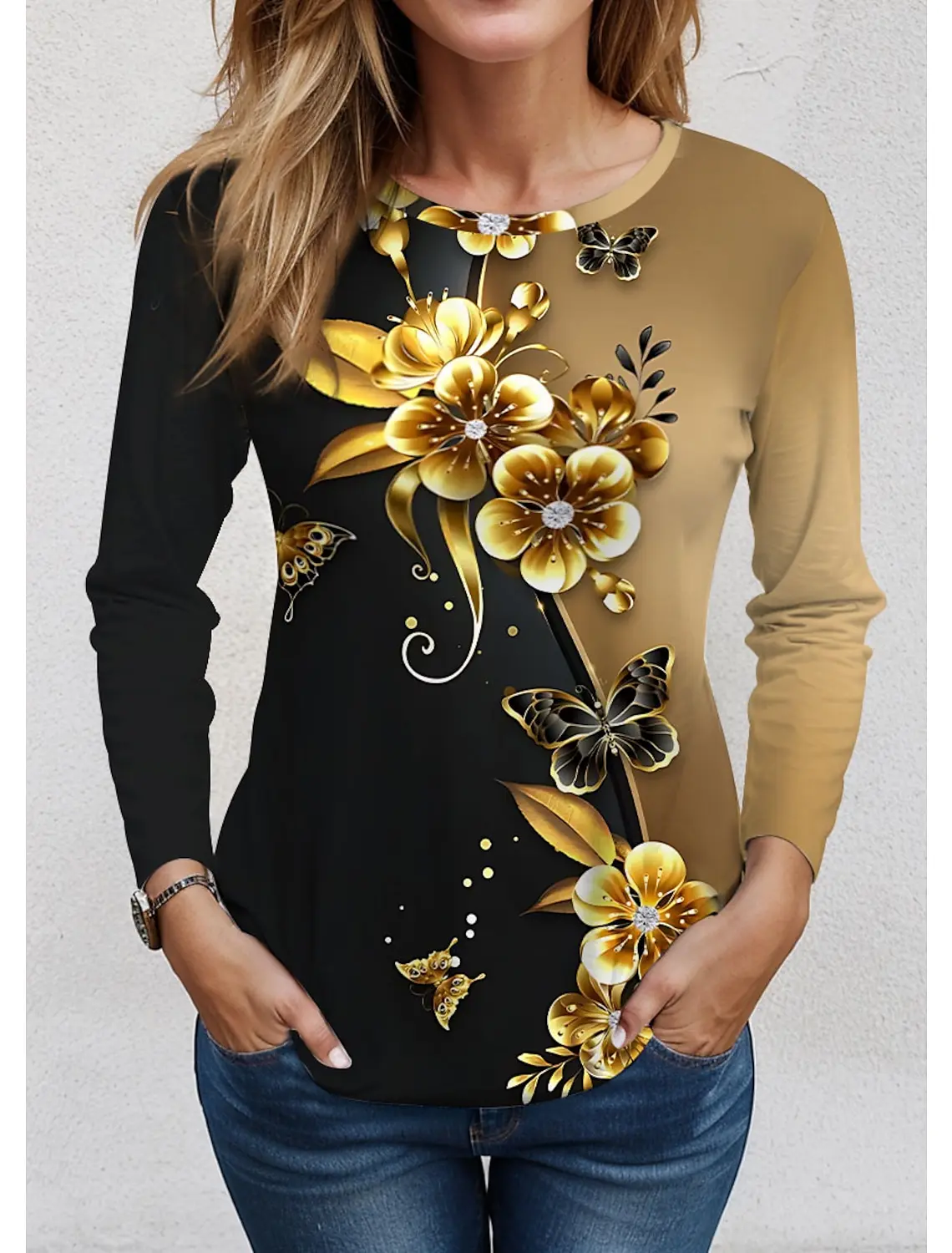 

Женская футболка с цветочным принтом, с длинным рукавом и круглым вырезом