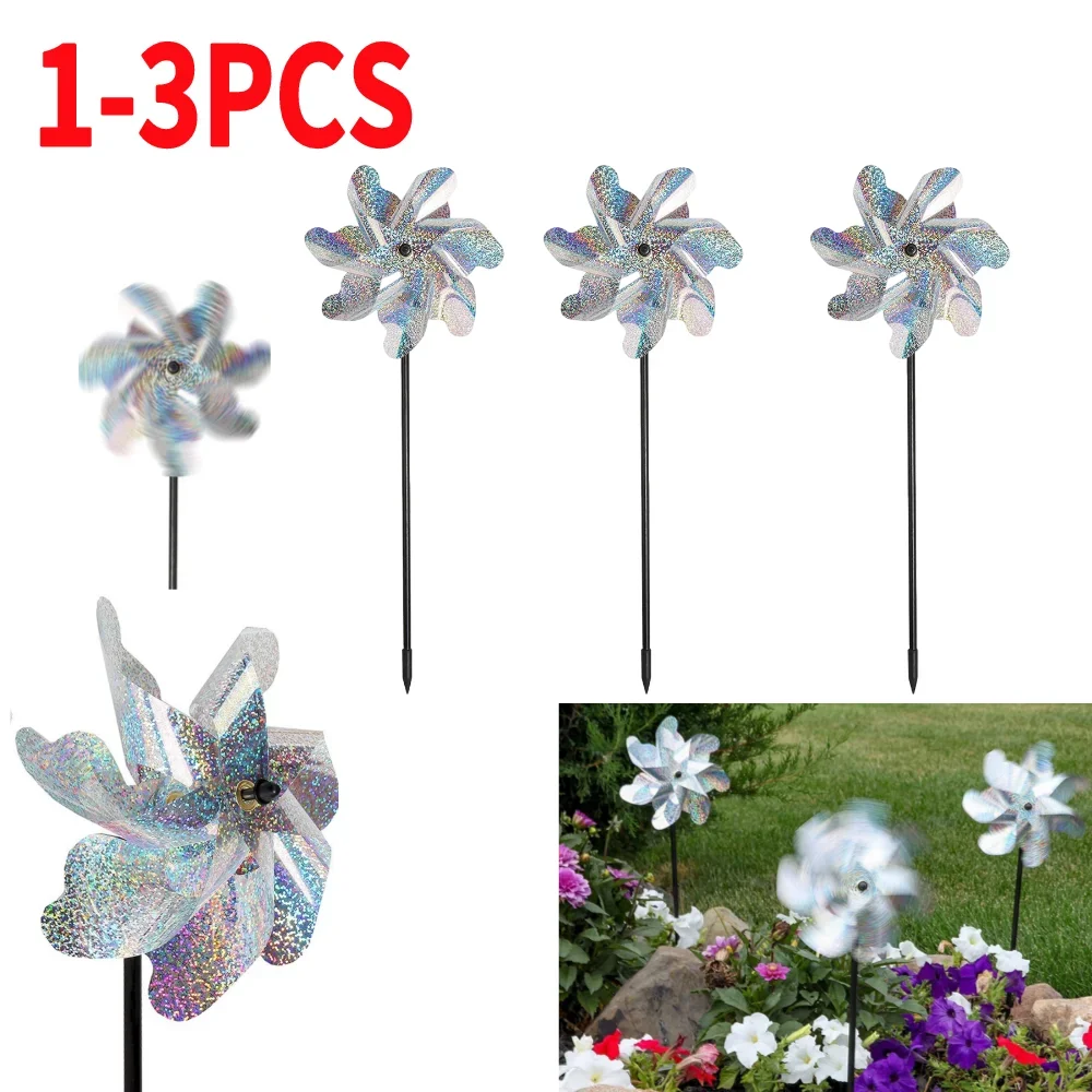 7 Leaves Bird Repeller Windmill Spinner Durable Practical Multi-functional DIY Bird Deterrent Silver Laser Pinwheel