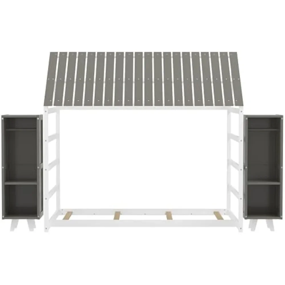 Wooden Twin Size House Bed for Kids,Includes Two Movable Wardrobes,Children Beds Features Cozy Fence and Roof 4