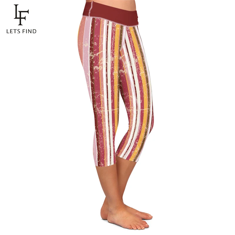 LETSFIND New Women High Waist Capri Leggings Fashion Casual Striped Printing  Mid-Calf 3/4 Stretch Leggings for Summer