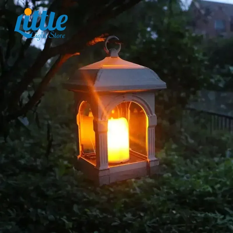 

LED Solar Lantern Outdoor Retro Candle Flashing Light Palace Garden Decoration Lantern Rechargeable Battery Wind Lamp Candle