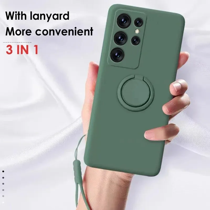Liquid Silicone Phone Case with Magnetic Ring Holder and Strap