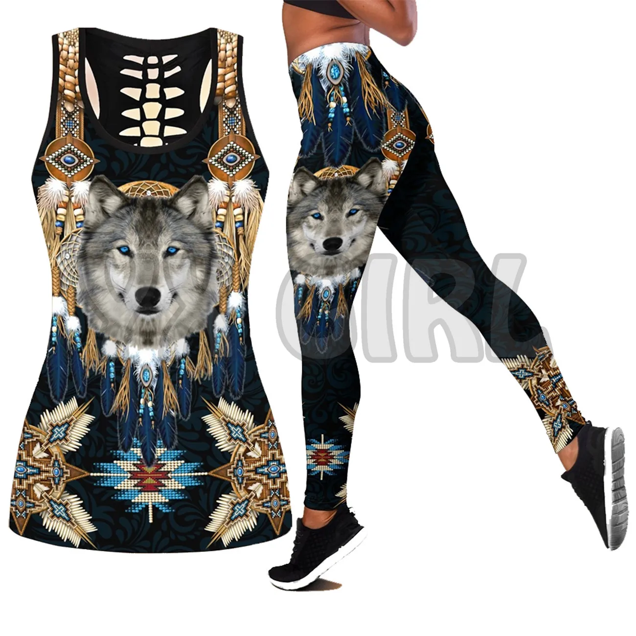 Native Love Wolf 3D Printed Tank Top+Legging Combo Outfit Yoga Fitness Legging Women native wolf white