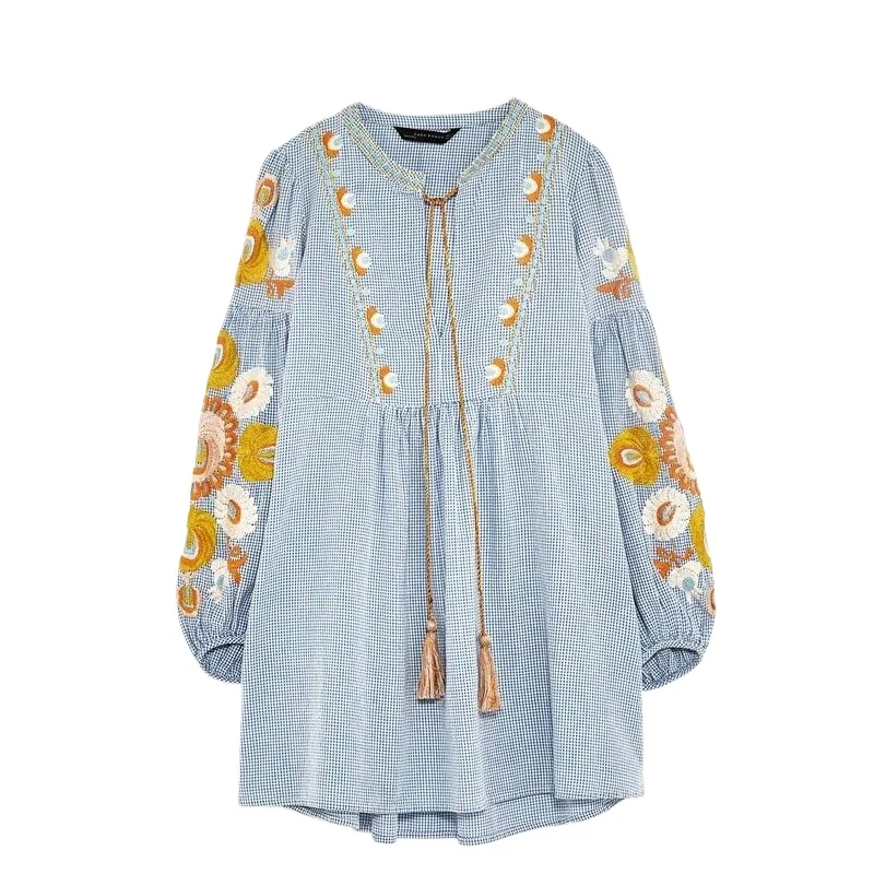 Vivid blue print linen Long Shirts Korea Sewing o neck Plus Size Clothing summer Dress main image 0