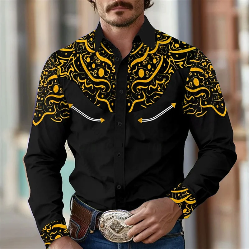 thumbnail image 1 of Camisa de hombre estilo occidental retro geométrico para exteriores, informal, de calle, para uso diario, primavera y otoño, con solapa, manga larga, tallas S-5XL, tela elástica, 1 of 5