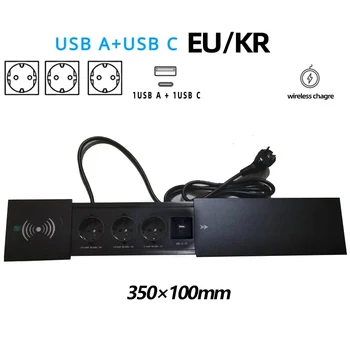 EU KR 테이블 히든 소켓 내장형 콘센트, USB 포함, RJ45 CAT6 무선 충전 멀티 플러그, 10A, 110 ~ 250V, 2600W, 블랙 소켓, 2 개, 3 개 콘센트