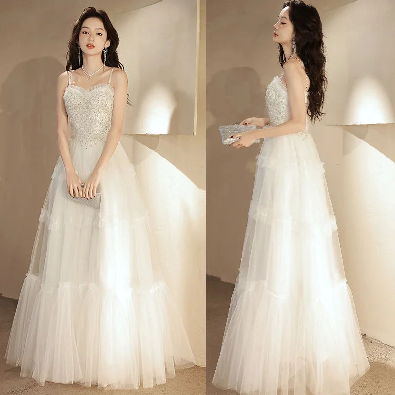 

It's Yiiya Strapless Pleat Floor-Length Sequins Appliques Tulle Lace Up A-Line White New Formal Dress Dress Woman Party A2794