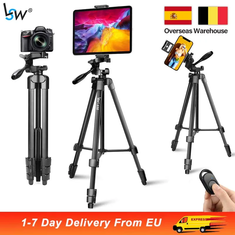 Phone Tripod 55 Inch Lightweight Tripod for Phone with 2 in 1 Holder for Tablet and Cellphone Aluminum Alloy 3-Way Head Tripod for DLSR Camera with Carrying Bag and Bluetooth Remote Control 