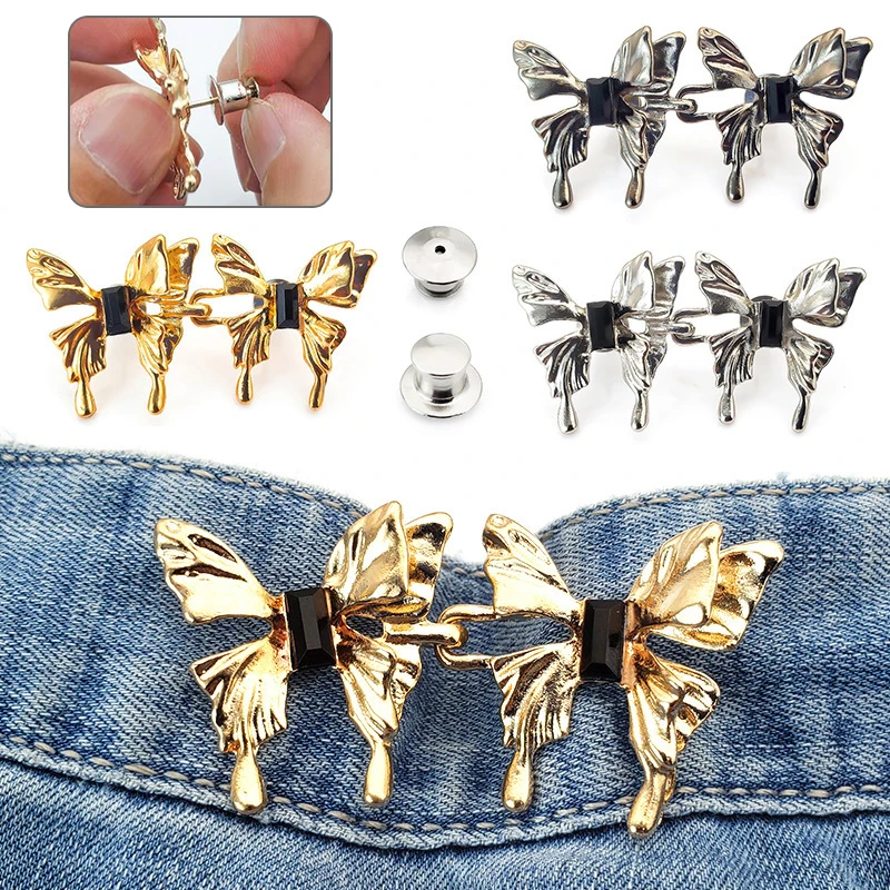 

2Pcs Butterfly Jeans Waist Adjustable Buttons Pins Waist Adjustment Buckle Jeans Buckle Metal Detachable Seam-Free Waist Button