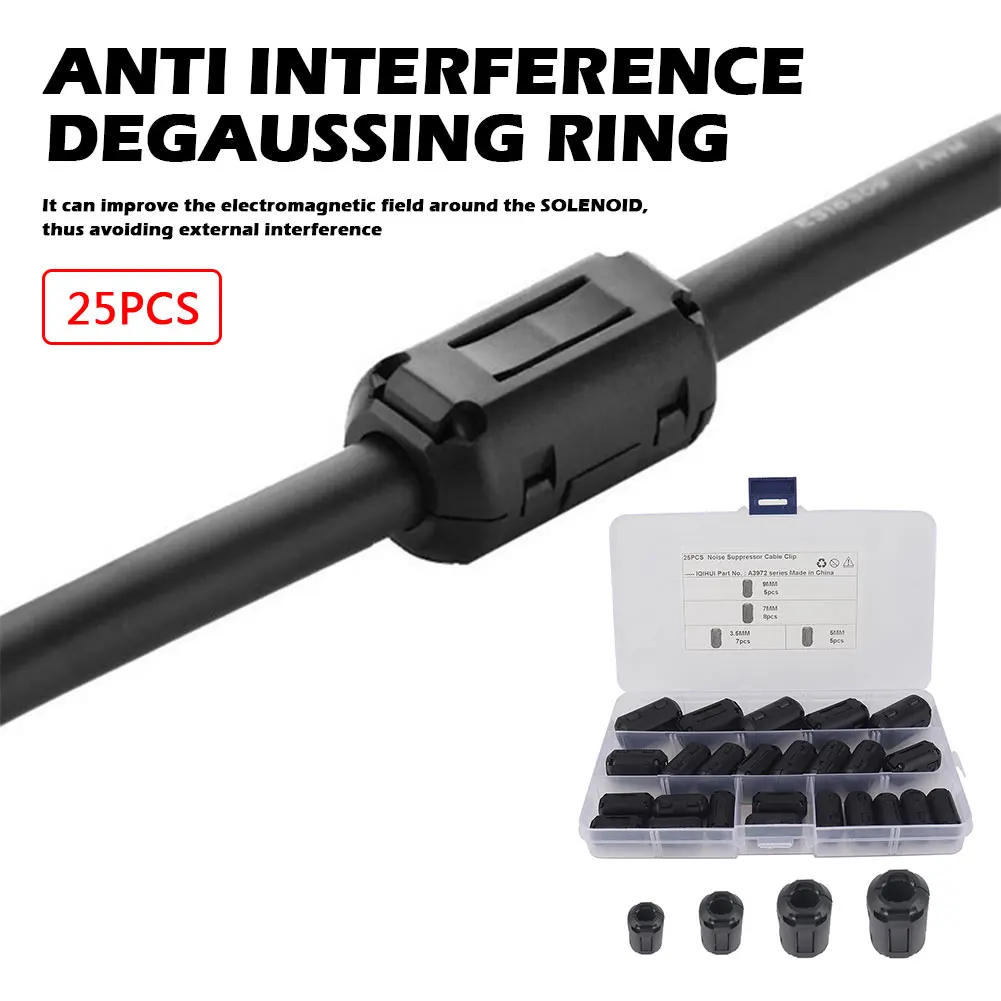 25/22pcs Ferrite Core Ring Clamp Kit 3.5mm/5mm/7mm/9mm Clip On Cable Connector Noise Filters Suppressor for USB Car Radio Video