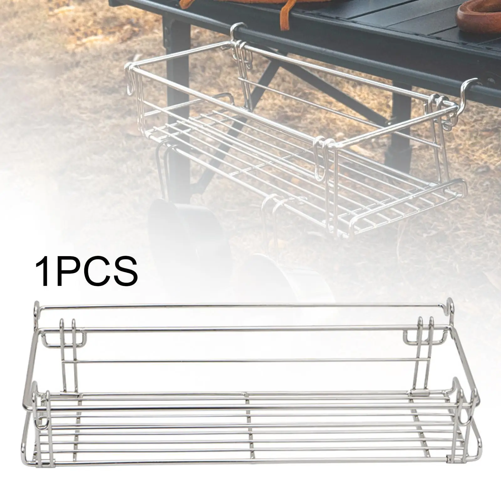 Table Side Basket Storage Rack Lightweight Stainless Steel Foldable Hanging Basket Shelf for Camping Beach Aluminum Desk Tent