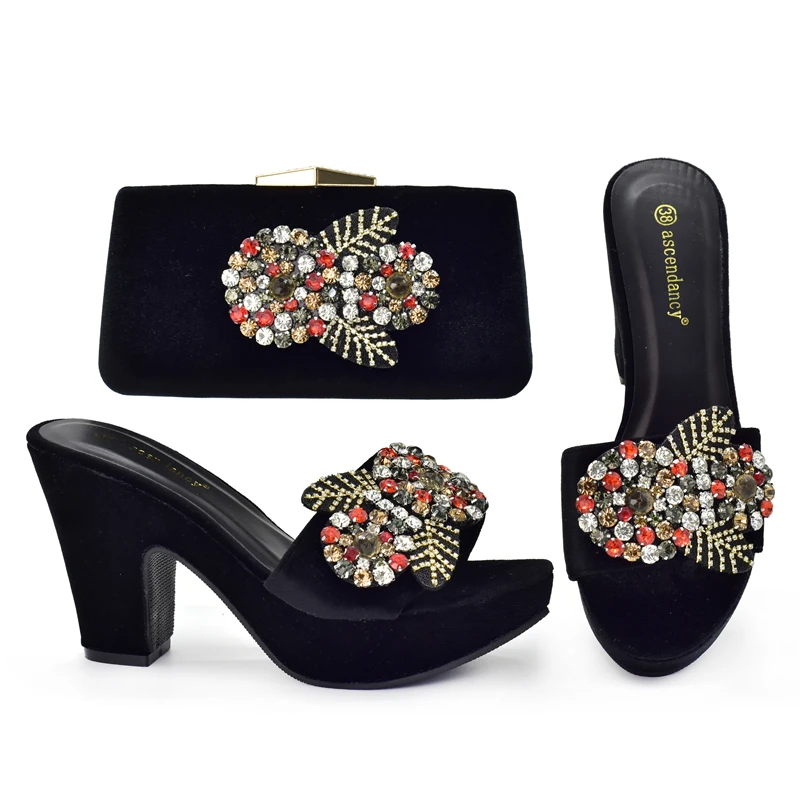 

2023 New Arrival Italian design Heels And Bags Set Decorated with Rhinestone Women Shoes and Bags for Party Wedding