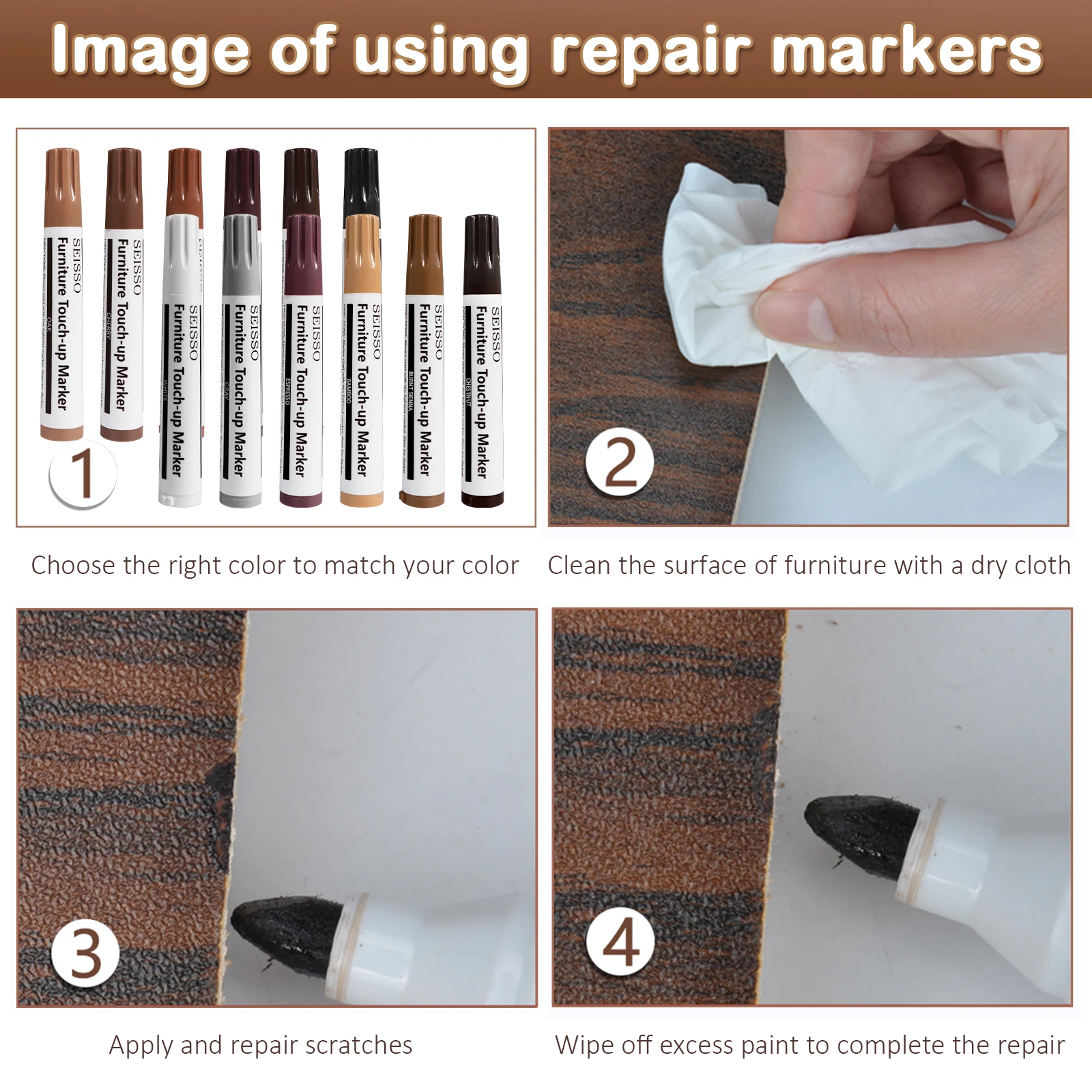 12pc Wooden Furniture Floor Repair Pens Timber Paint Damaged Scratch Wood Repair Crayons Repair Materials Patch Restore Marker images - 6