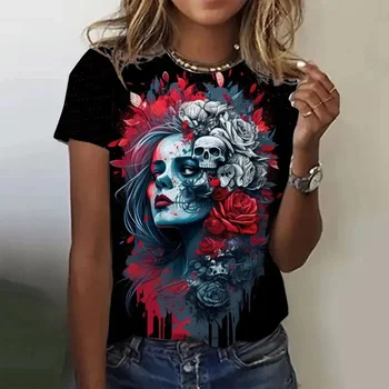 3D Printed Rose Skull T Shirt For Women Vintage Pattern Tees Summer Casual Harajuku O-Neck Tops Short Sleeves Oversized T-Shirts 1