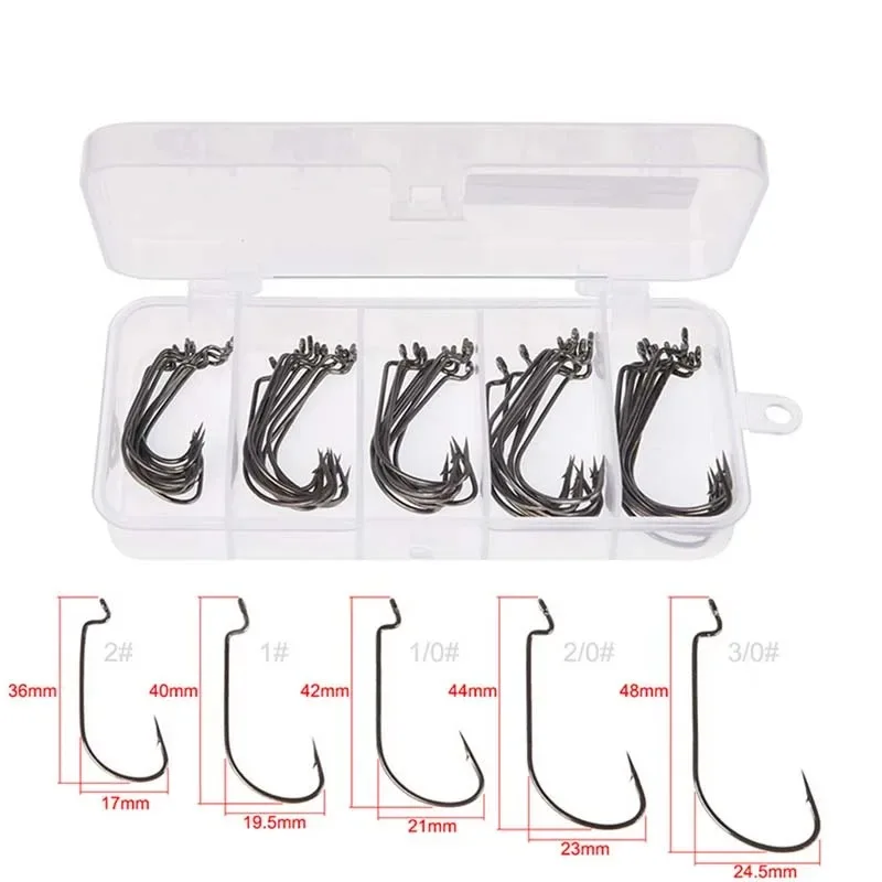 Fishing Tackle 50Pcs Box Fishing Hooks Set Jig Crank Barbed Hook High Carbon Stainless Steel Wide Gap Offset Fishhook Soft Worm Sea Hook
