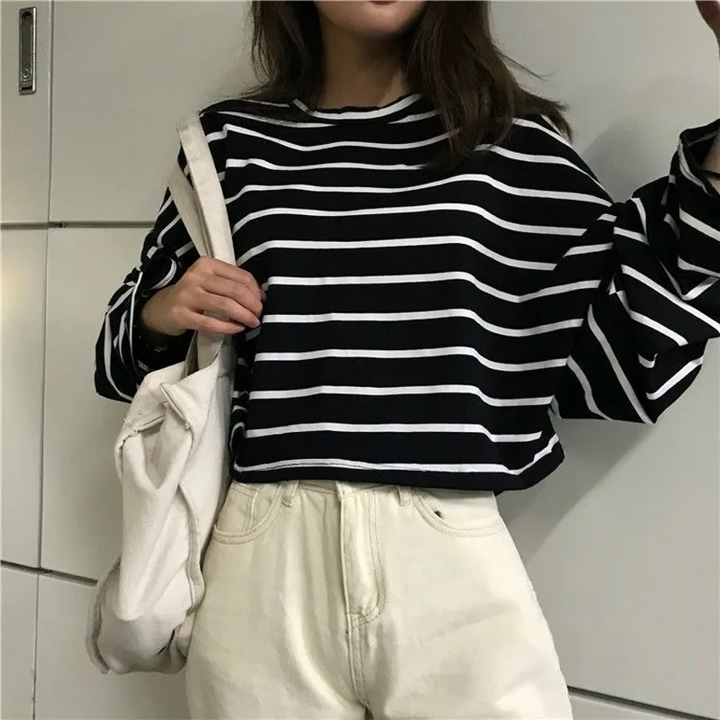 Striped Long Sleeve T-shirts Women Baggy Tshirts Mujer All-match Cropped  O-neck Casual Tops