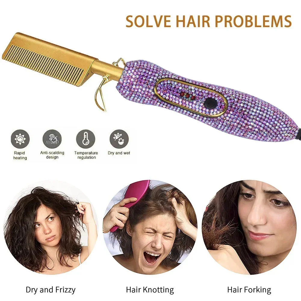 OEM/ODM Rhinestone New Hair Straightener Comb Crystal Hotcomb Nano Titanium 500 Degrees Electric Bling Hot Comb