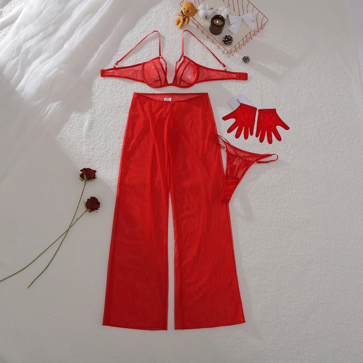 Romantic Red Sexy Lingerie Sets for Women Daring Exotic Outfits Seductive Mesh Bras Low Waist Pants with Gloves Bridal Custume