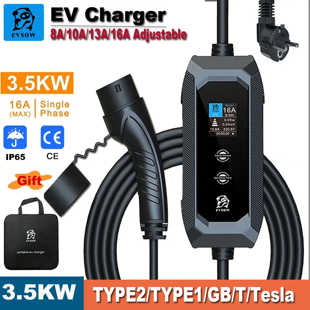 

Evsow EV Charger 3.5KW 16A Portable Electric Car Charger For GBT Type 1 Type 2 EV Charger Station Wallbox EVSE EV Charging Cable
