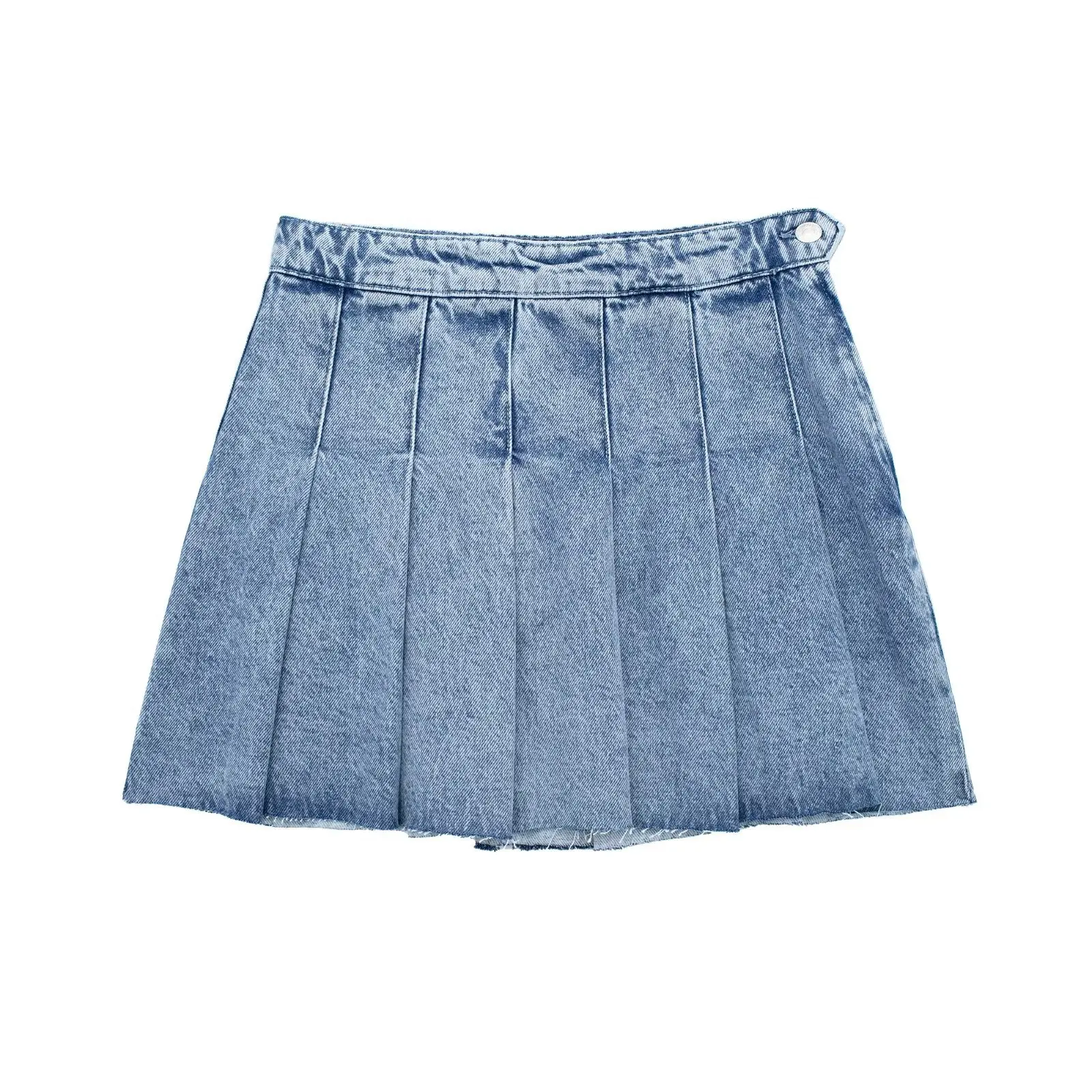 

TRAF New Women Summer Fashion Wide Pleated Denim Mini Skirt Faldas Mujer Female Chic Side Button Zipper Fly Summer Vestidos