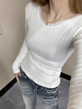 Vintage White Y2k Aesthetic Lace Patchwork O Neck Slim fit Long Sleeved T-shirt Women Sweet Top Basic Shirt 1