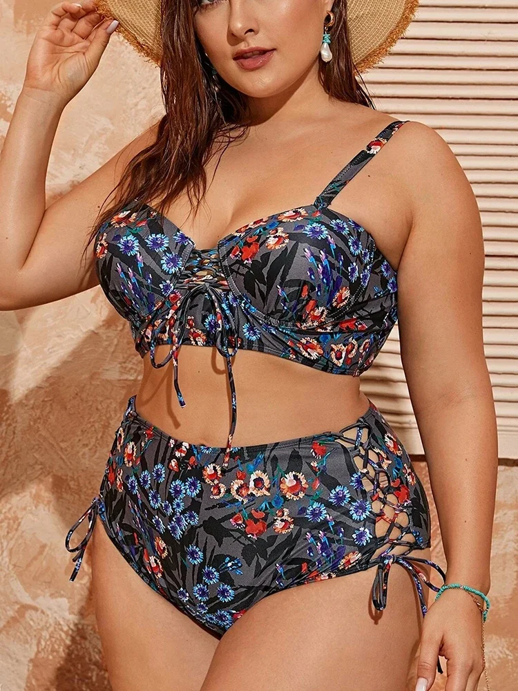 2023 New Cut Out Women Swimsuit Laced Up High Waist Bikini Sets Push Up Underwire Swimwear 4XL Large Size Bathing Suit Mujer