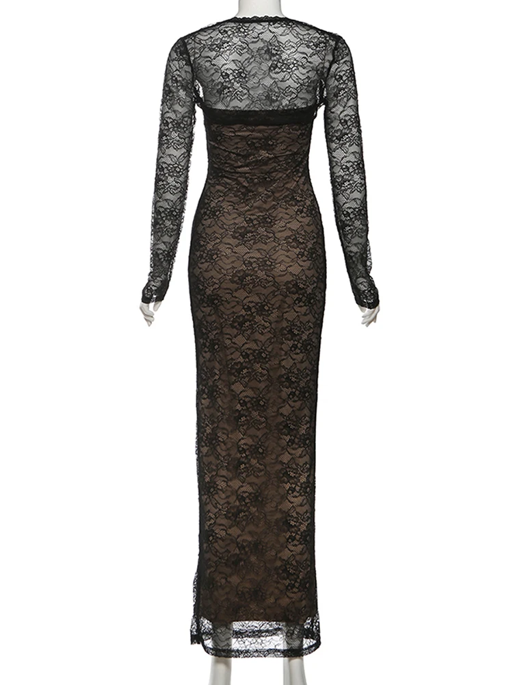 Nibber Coquett Low-Neck Maxi Dress+Lace Full Sleeve Crop tops Women Jacquard Sexy Prom Party Midnight Classic Fashion Vestidos