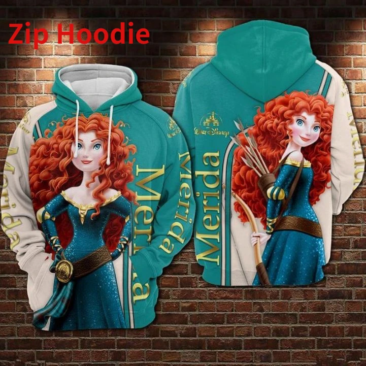 Fodera Brave Disney Princess Over Print 3D Zip Felpa Con Cappuccio Disney Woman Hoodies