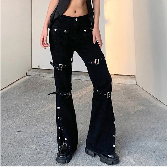 Hight Waist Bell Bottom Pants With Pockets. Goth Black Flare