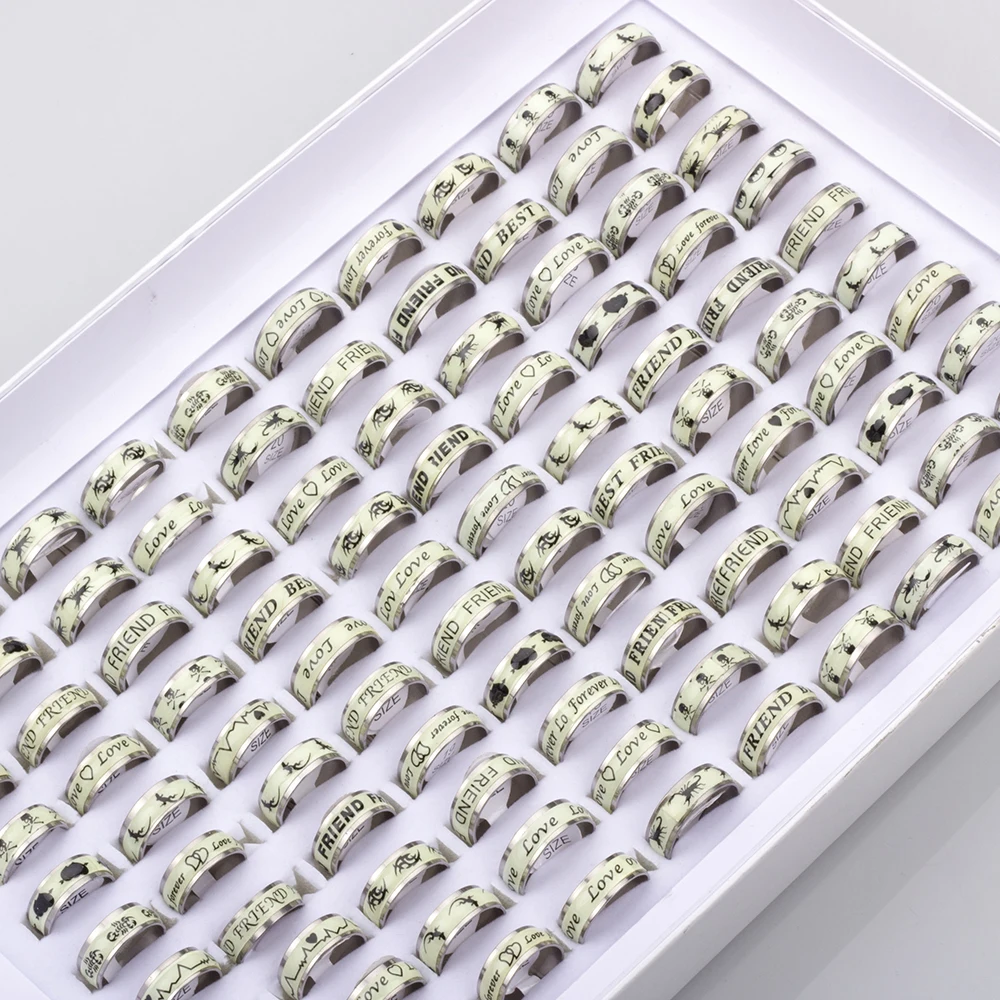 100 Pcs/lot Luminous Stainless Steel Rings Glow in the dark Men Women Party Jewelry Wholesale Lot