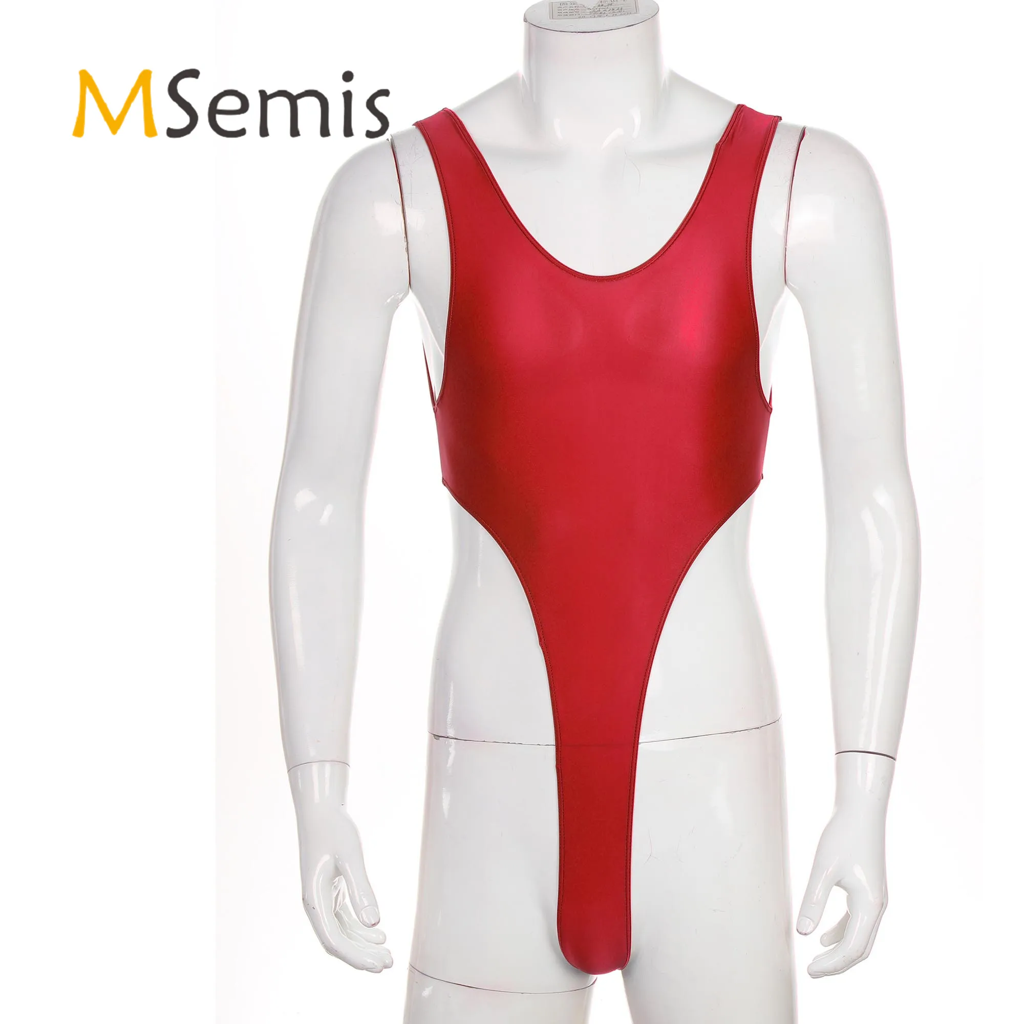 

Mens Lingerie Bodysuit Underwear Glossy Backless High Cut Bodysuit Solid Color Sleeveless Leotard Body Shapers