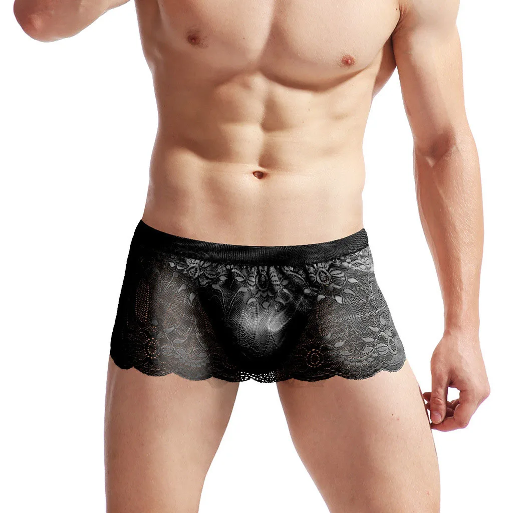 Sexy Men Sissy Lace Underwear Ultra-thin Mesh Lingerie Transparent Short Skirt Elastic Underpants Seduction Gay Erotic Panties