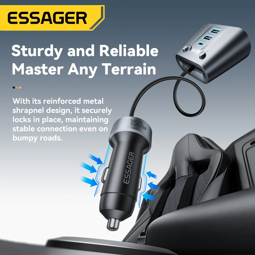 Essager 150W 5 Ports USB C Car Charger 2 in 1 100W Dual Cigarette Lighter Splitter QC 3.0 PD 3.0 Fast Charging For Mobile Phone