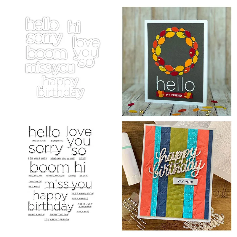 Metal Cutting Dies/Clear Stamp Happy Birthday Miss You Boom Hi Love DIY Crafts Card Album Making Scrapbooking Stencil clear stamps clear rubber stamps