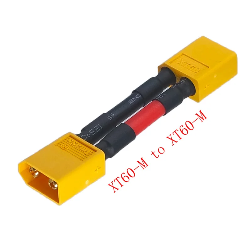 Connecteur mâle XT60-F en gros plan, contacts dorés et embout noir, pour batterie drone.