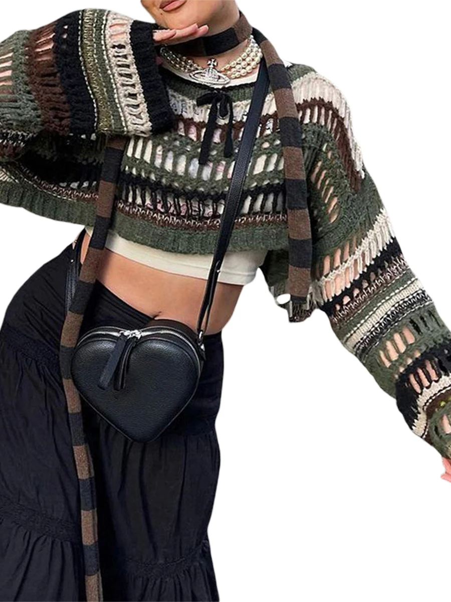 

Женский вязаный укороченный топ Y2K, ажурный вязаный крючком свитер с длинным рукавом и вырезом, свободный полосатый джемпер с цветными вставками