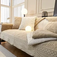 Short Plush Sofa Cushion  Autumn Winter Embossed Wave Edge Sofas Towel Pillow Cover L-shaped Sofa Cover Slip Wear Resistant 1