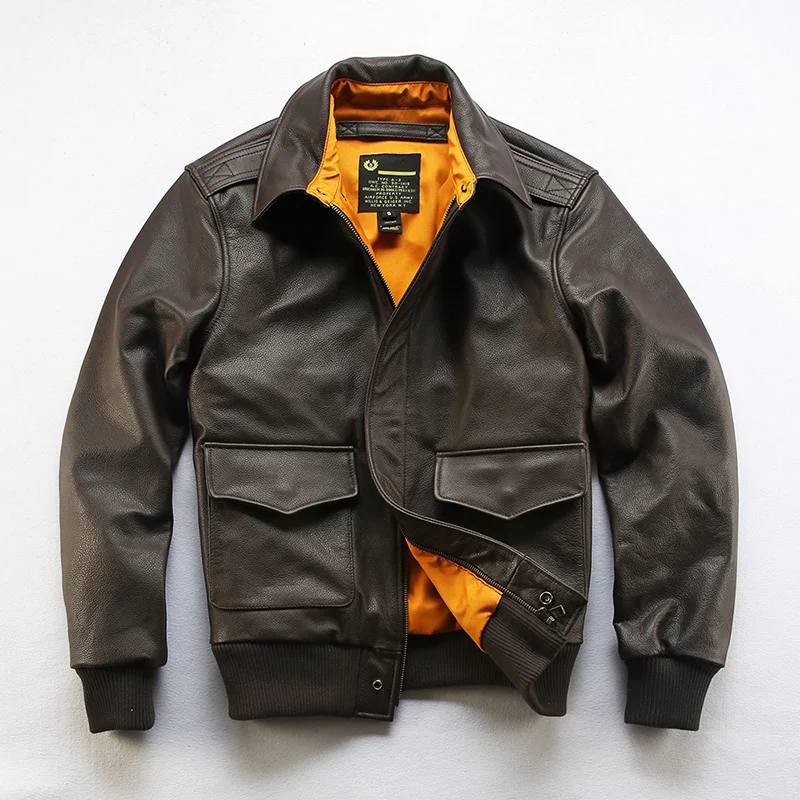 A2 Pilot Genuine Cowhide Leather Jacket Vintage Lapel Men's Short Coats Dermis Clothings