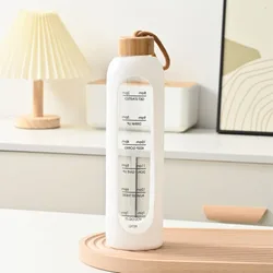 Eco - Friendly Motivational Glass Water Bottle with Bamboo Lid and Silicone Sleeve, 32oz - 1.0L (White)