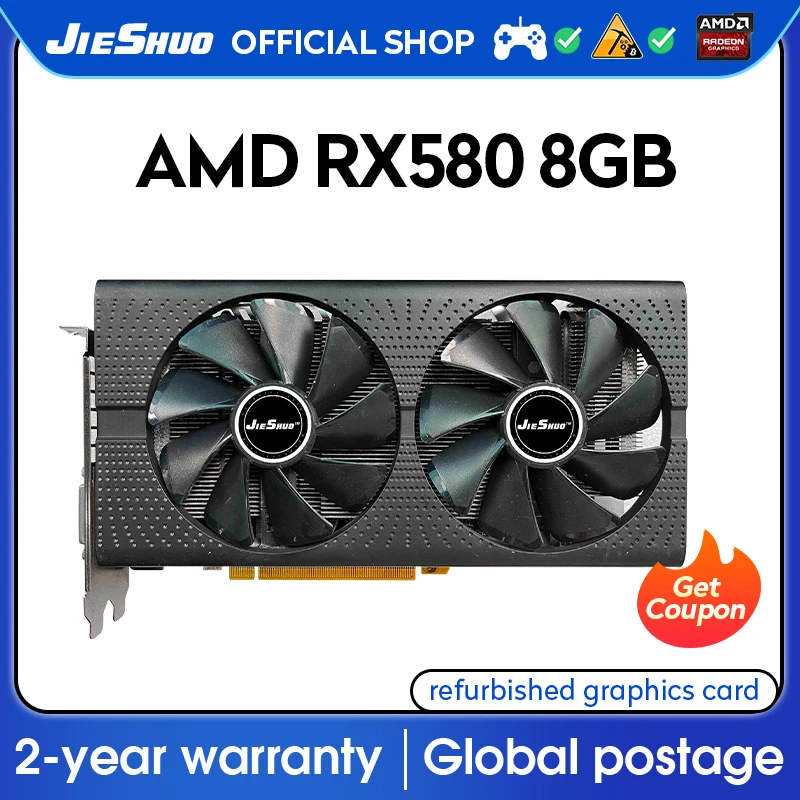 

JIESHUO AMD RX 580 8GB 2048SP Video graphics card GDDR5 GPU 256-bit PCI-E 3.0 rx580 8g Computer Desktop Computer Games Office