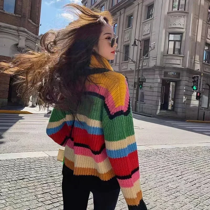 Rainbow Sweater Autumn Winter Women 2025 with Scarf Striped