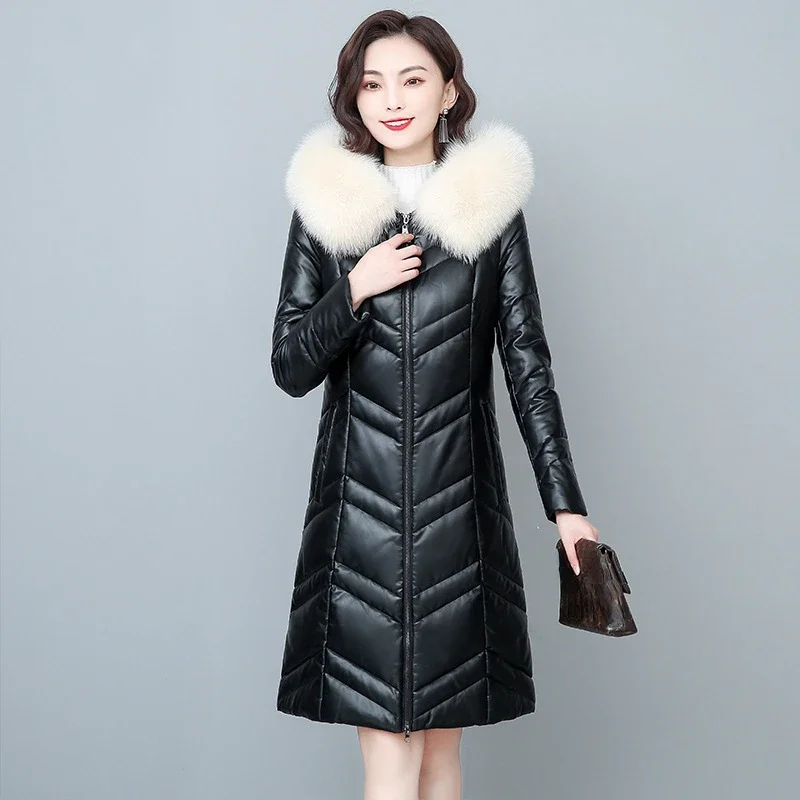 

Warm 90% White Duck Down Coat Women Leather Jacket Hooded Winter Casual Puffer Jacket Female Parkas Fox Fur Collar Abrigo Mujer