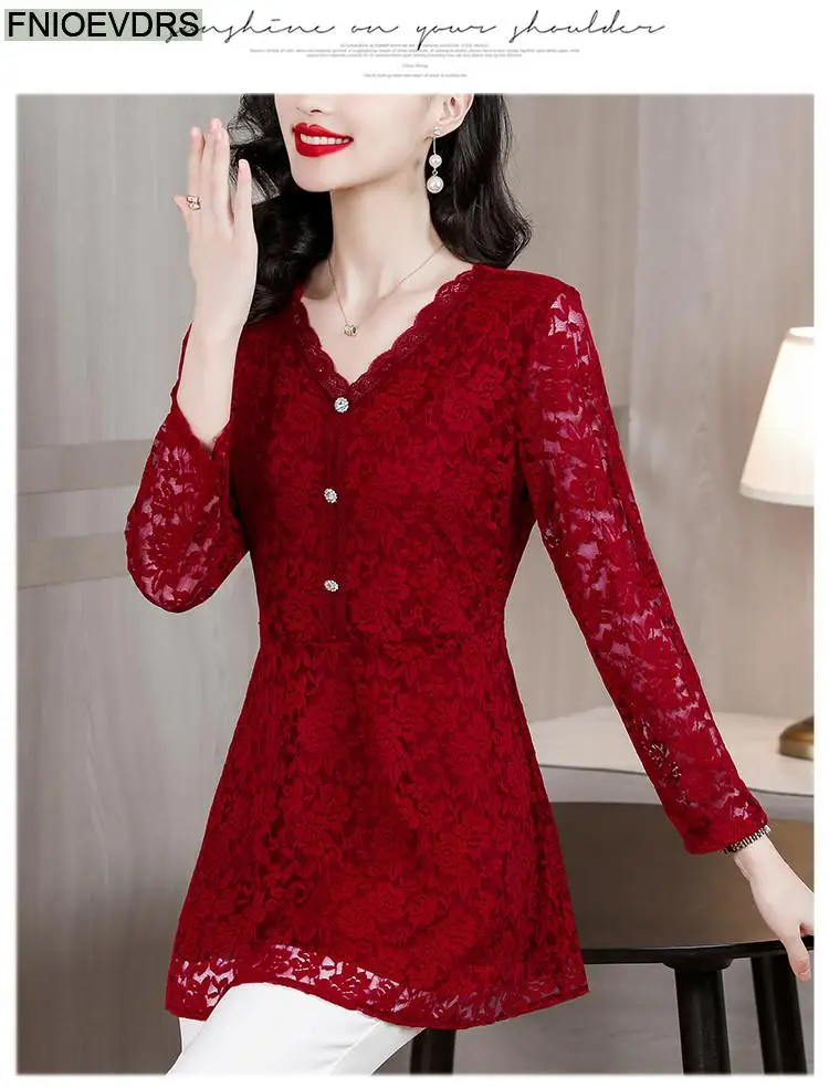 M-4XL 2023 Women Hot Sales Elegant Office Lady Work Button Black Lace Shirt Casual Belly A Line Tunic Peplum Tops And Blouses