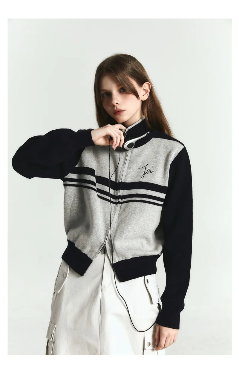 

American Retro College Hoodies Women Knitted Cardigan Stand Up Collar Casual Stripe Sports Autumn Winter Female Girl Cool Coat