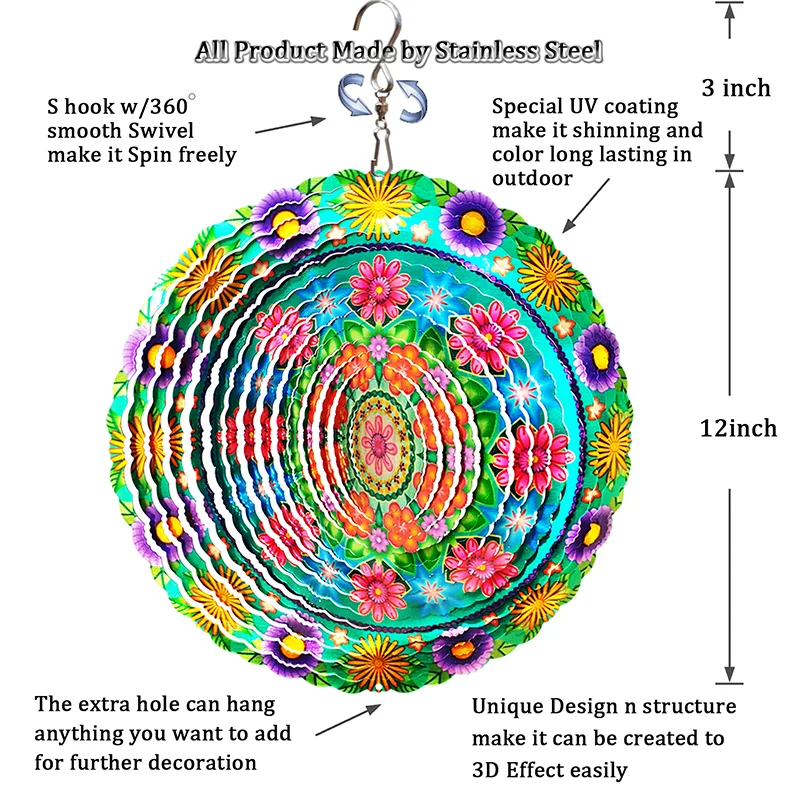PSATHENATI Wind Spinner Mandala Green Flower 12 in 3D Stainless Steel Art Geometric Pattern Hanging Kinetic Yard Art Decorations