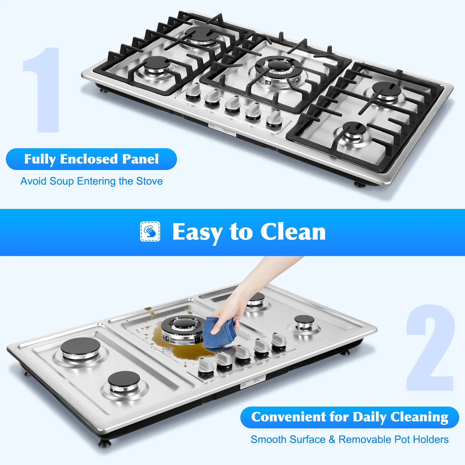 Built-in Gas Cooktop with 5 Burners Electronic Pulse Ignition Built-in Stainless Steel Gas Hob for Kitchen 5 Built-in Gas Cooktop with 5 Burners Electronic Pulse Ignition Built-in Stainless Steel Gas Hob for Kitchen 5