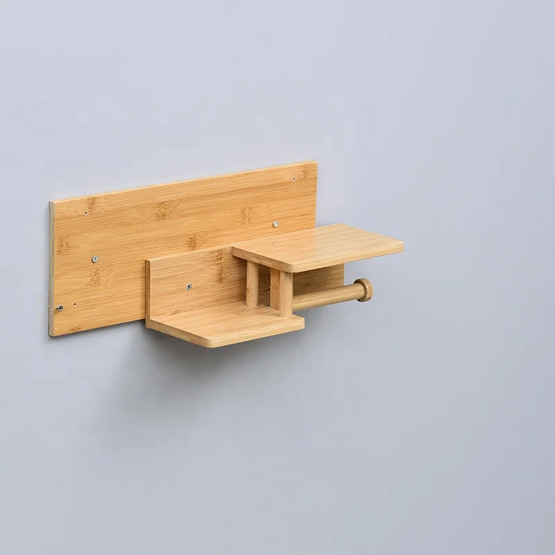Bathroom Wall Mounted Easy Installation Wood Tissue Rolls Holder Bamboo Toilet Paper Holder with Shelf