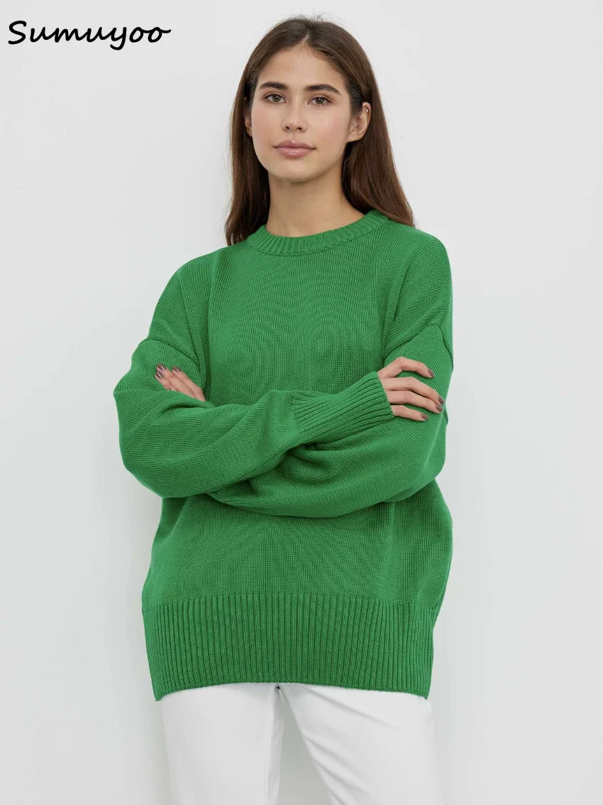 

Sumuyoo Women O Neck Sweater Autumn Winter Thick Warm Pullover Tops Oversized Casual Loose Knitted Jumper Female Pull